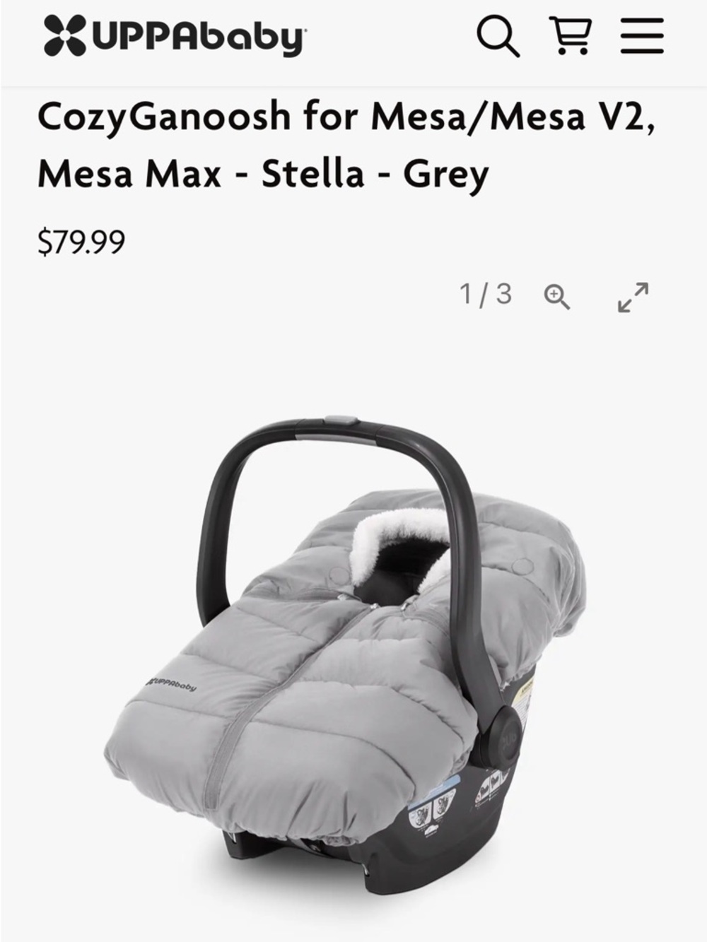 UPPAbaby CozyGanoosh Infant Car Seat Muff in light gray, like new